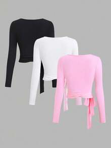 SHEIN EZwear 2026秋季新款 95%棉 時尚歐美性感簡約休閒運動健身彈性柔軟前開襟繫帶V領貼身長袖短版三件套純色優雅通勤女款T恤，四季皆宜，皮拉提斯、瑜伽運動T恤 - 彩色 - 查看 2