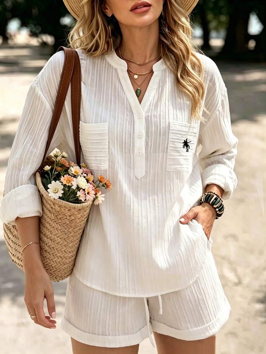 Vaclyn Plus Size Women's Notch V-Neck Knight Print Long Sleeve Top And Shorts Casual Everyday Set Vacation White Autumn Beach - White - View 1