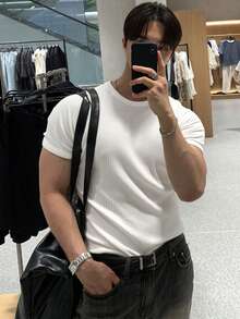 DAZY 男士短袖高彈力羅紋布修身白色T恤 夏季款 - 白色 - 查看 7