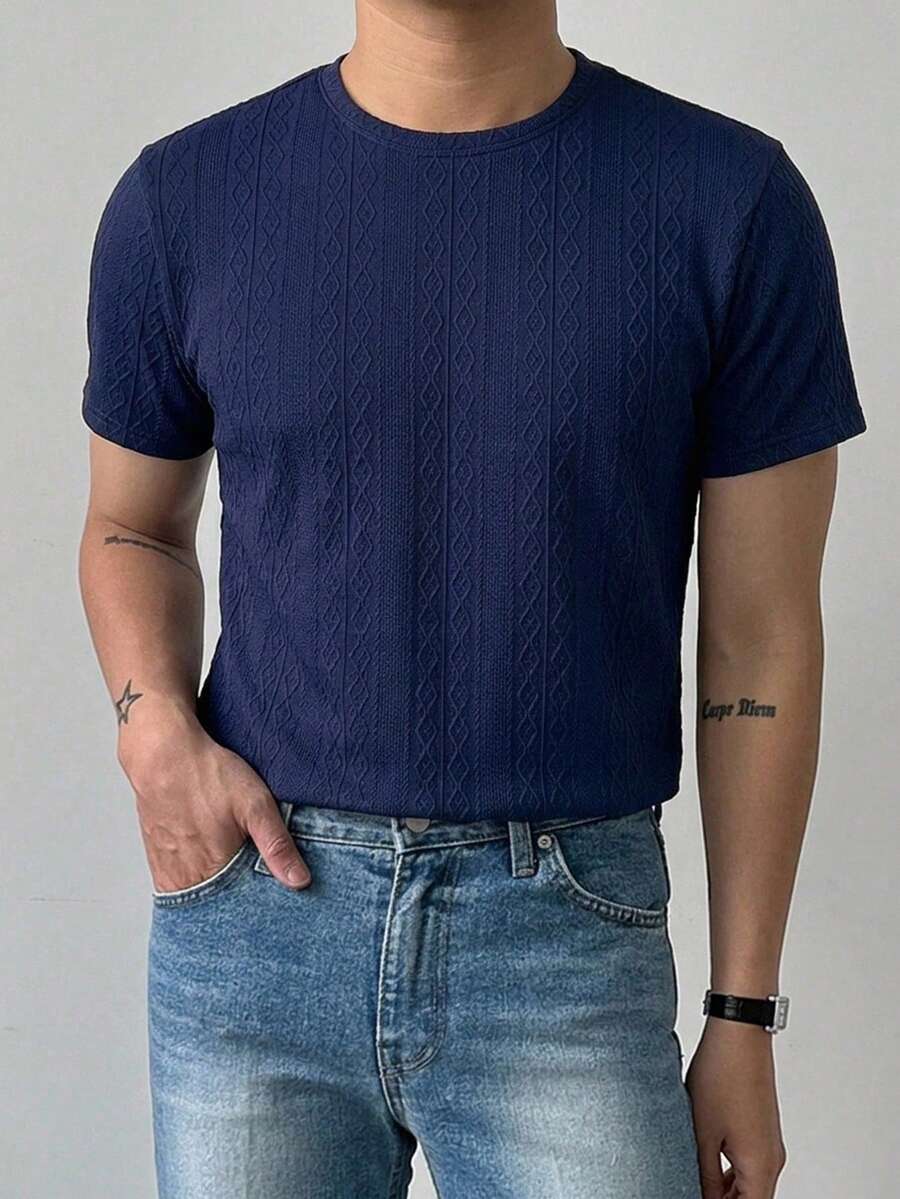 DAZY Camiseta de manga corta de unicolor en tela texturizada azul para hombre para el verano - Azul Marino - Ver 1