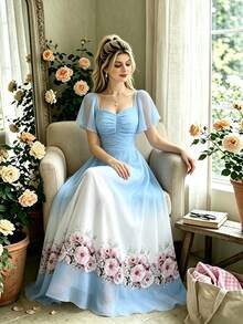Modelyn 花卉粉色與白色漸層印花女款長洋裝，時尚方領百褶設計搭配飄逸袖，夏季收腰優雅雪紡花卉洋裝，適合夏季度假與日常穿著 - 彩色 - 查看 3