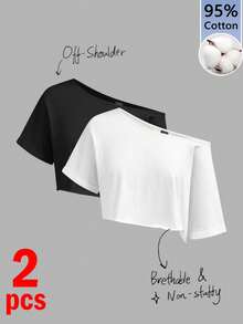 Tseoso 女款 95% 棉單肩寬領針織 T-shirt 2 件組 - 黑色，寬鬆，夏季職場基本款 - 彩色 - 查看 1