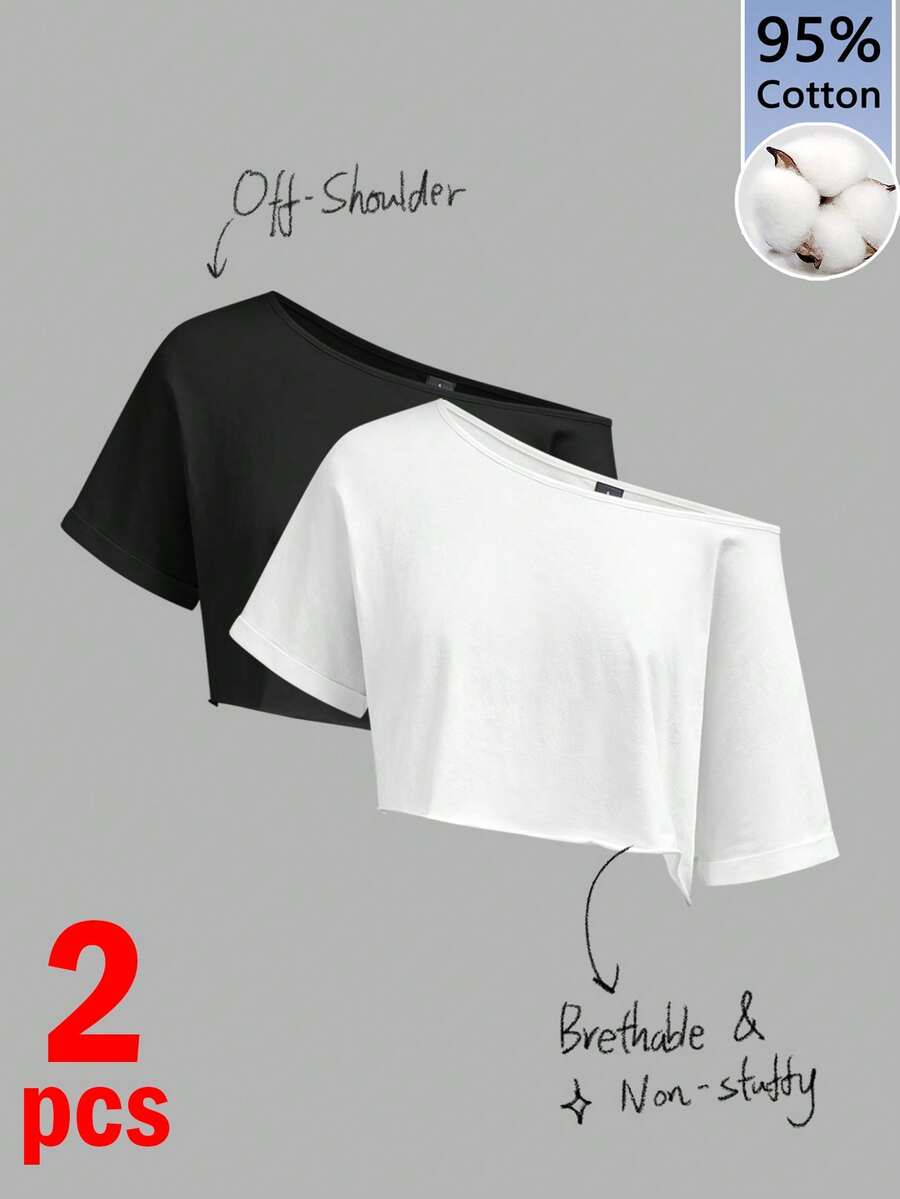 Tseoso 女款 95% 棉單肩寬領針織 T-shirt 2 件組 - 黑色，寬鬆，夏季職場基本款 - 彩色 - 查看 1