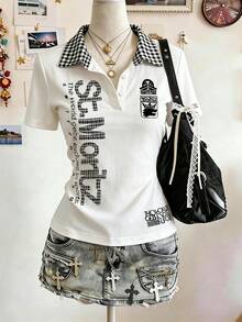 Lalippa Letter Print Fashionable Minimalist Women's Polo Collar T-Shirt, Gift For Friends - White - View 4