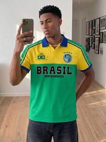 Gritte Field Football Soccer Jersey  Brazil  World CupStyle Polo Shirt, Yellow-Green Contrast Color, BRASIL Letter & Five-Star Badge Print, Loose Casual Sports Top, Men/Women Graphic T-Shirt, Football/Soccer Merchandise Summer Tops  World Cup  Summer Tops  Tops For Women  Summer Clothes  Tshirts For Women Brazilian Jersey Brazil T Shirt South America Shirt - Multicolor - View 3