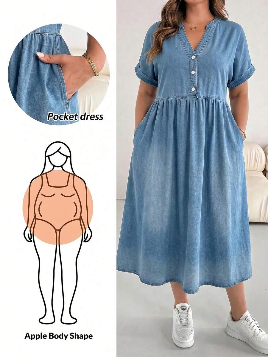 SHEIN EZwear 大尺碼鈕扣半開襟口袋時尚牛仔洋裝,秋季休閒哥德風淺藍色缺口V領中長洋裝,萬聖節早午餐正式海灘穿搭 - 藍色 - 查看 1