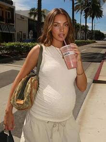 SHEIN Maternity Summer Minimalist Solid Color Textured Fitted Tank Top - White - View 1