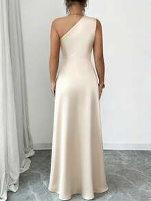 Elenzga Women's Spring/Summer New Elegant Satin Asymmetric Shoulder Metallic Floral Decor Waist Cinched Bodycon Dress Dinner Formal Date Champagne Wedding - Apricot - View 2