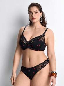Slumbrini 1 Conjunto de lencería para mujer de talla grande con estampado de fresa sólido, adorno de lazo y encaje, cómodo - Negro - Ver 3