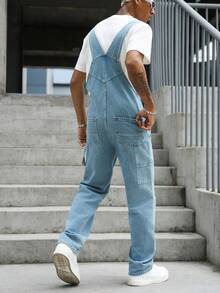 Manfinity EMRG American Retro Streetwear Light Blue Washed Denim Overalls With Distressed Details, Loose Straight Leg Long Pants For Summer Holiday - Blue - View 2