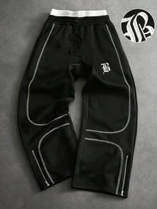 PAVTROS Pantalones de chándal casuales holgados para hombre con bloques de color y costuras de contraste - Negro - Ver 6