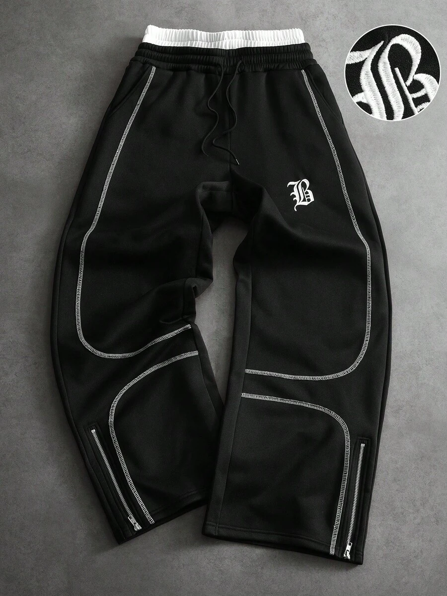 PAVTROS Men's Casual Loose Colorblock Contrast Stitching Sweatpants - Black - View 1