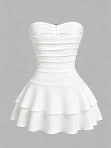 Sweetra Women's Elegant Strapless Multi-Layer Cake Textured Mini Dress Plus Size - White - View 2
