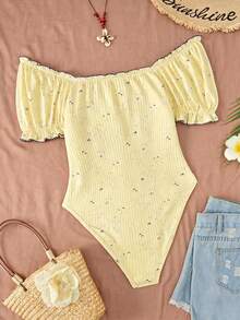 Sweetra CURVE Body de vacaciones talla grande con pedrería en el cuello, acanalado, nudo delantero, hombros descubiertos y manga corta - Amarillo - Ver 2