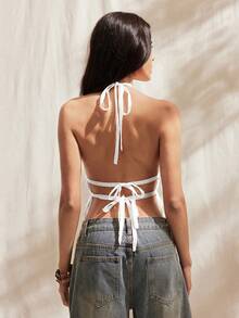 Easelle Ruched Halter Neck Cinched Waist Backless Tie Strap Tank Top - White - View 2