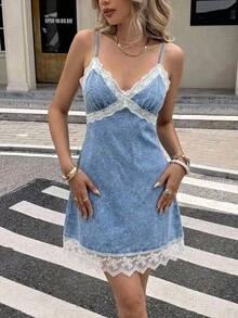 Serisse 女士休闲撞色蕾丝拼接牛仔吊带裙 - 藍色 - 查看 5