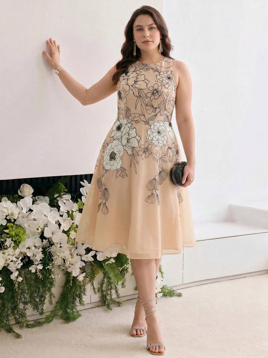 MOTF PREMIUM PLUS SIZE WOMEN SPRING SUMMER FLORAL PRINT FLARE HEM DRESS - Khaki - View 1