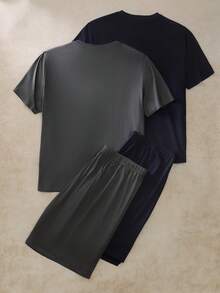 Provexi Provexi 男士基本款休閒寬鬆舒適黑灰色短袖T恤與短褲家居服套裝（含2件上衣與2件褲子） - 彩色 - 查看 2