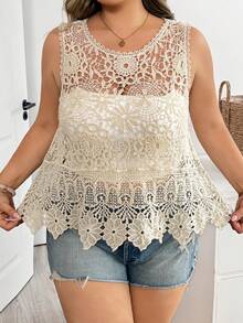 SHEIN CURVE+ Plus Size Women's Spring And Summer Solid Color Hollow Out Casual Versatile Knitted Top, Suitable For Beach Vacations - Apricot - View 6