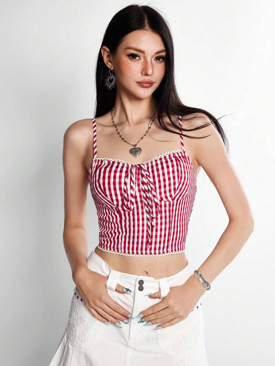 Rina Fox 紅色格紋蕾絲飾邊蝴蝶結前襟細肩帶 Y2K 風格