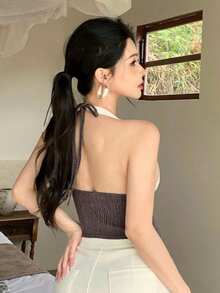 Joudiya Summer White Spaghetti Strap Music Festival Sexy Elegant Wedding Date Night Casual Vacation Beach Hollow Lace Trim Patchwork Women's Tank Top - Brown - View 4