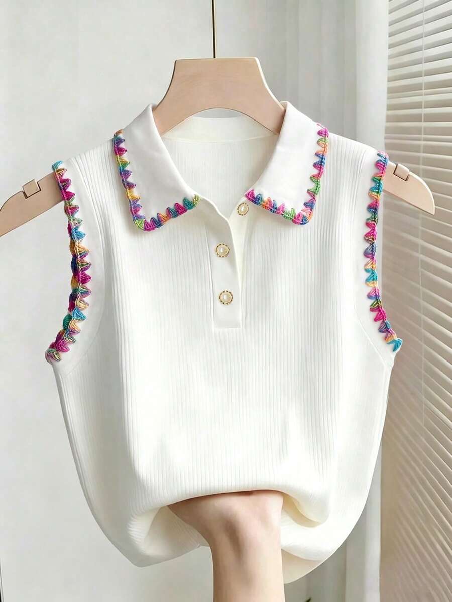 Resyla 彩虹貝殼刺繡飾邊 Polo 領無袖休閒春夏背心 - 彩色 - 查看 1