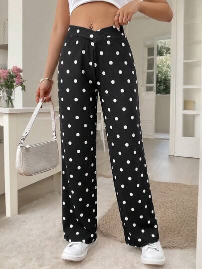 SHEIN Frenchy Women's Polka Dot Print Asymmetric Waist Straight Leg Casual Pants