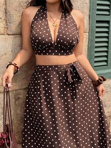 Vionelle Spring/Summer Plus Size Women's Brown Halter Top Tie Waist A-Line Skirt Date Night Vacation Gentle Boho 1950s Vintage 90s 70's 80s Casual Beach Party - Multicolor - View 5