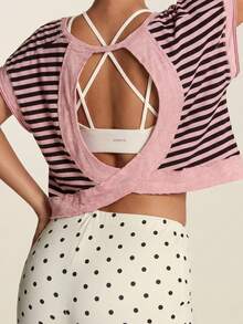 SHEIN BAE Women's Summer Casual Striped Patchwork Backless Batwing Sleeve Sports T-Shirt - Multicolor - View 7