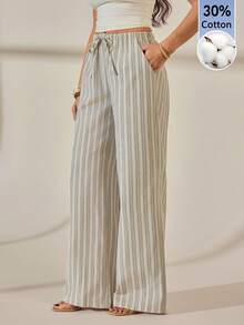 SHEIN Tall White Sequin Wide Leg Casual Boho Pants For Vacation, Tall Women Vacation Autumn - Khaki - View 4