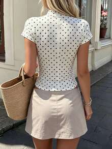 SHEIN PariChic Summer French Vintage Fashion Tie-Neck Hollow Stand Collar Polo Collar Cheongsam Collar Polka Dot Fabric Print T-Shirt Short Sleeve T-Shirt Suitable For Outings, Parties, Afternoon Tea, Gatherings, Elegant Daily Casual, Vacation, Elegant Occasions, Beach Wear, Bohemian Style T-Shirt, Spring/Summer Island Vacation - White - View 3