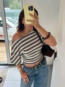 Aloruh Women's Striped Asymmetric Neck Loose Fit Ruched Waist Cinched Simple Basic T-Shirt - Multicolor - View 9