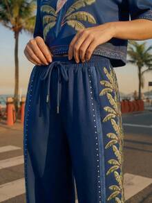 CAJUNI Celana Jogging Wanita dengan Tali Serut, Motif Bordir Pohon Kelapa, Kasual, Serbaguna untuk Pemakaian Sehari-hari - Navy Blue - View 5