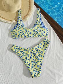 Swim Mod Women's Sexy Summer Vacation Beach Floral Colorful Plaid Reversible Low Cut Twist Front Swimwear Set - Multicolor - View 4
