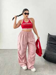 SHEIN Tall CURVE 大尺碼女款純色抽繩腰多功能休閒工裝褲 - 粉色 - 查看 5