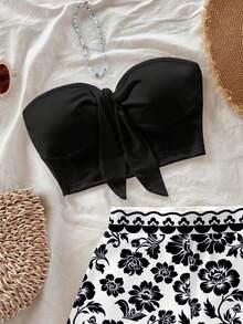 Soleia Setelan Liburan Wanita 2 Potong Atasan Bandeau dengan Simpul Depan dan Celana Pendek Motif Bunga - Hitam - View 6