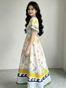 Modelyn 海滩元素、鸡尾酒、柠檬、海星搭配卷轴、波浪图案碎花连衣裙，女士时尚方领短袖连衣裙，荷叶边下摆设计，夏季度假风波西米亚连衣裙 - 彩色 - 查看 3