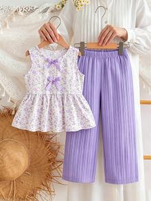 SHEIN Elladie kids 女童新款清新田園風細碎花兩件套，粉色蝴蝶結裝飾無袖背心上衣 + 粉色紋理布料寬腿長褲，甜美可愛時尚日常穿搭，夏季 - 紫色 - 查看 5