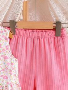 SHEIN Elladie kids 女童新款清新田園風精緻碎花兩件套，粉色蝴蝶結裝飾無袖背心上衣 + 粉色紋理布料寬腿長褲，甜美可愛時尚休閒穿搭，夏季 - 西瓜粉 - 查看 5