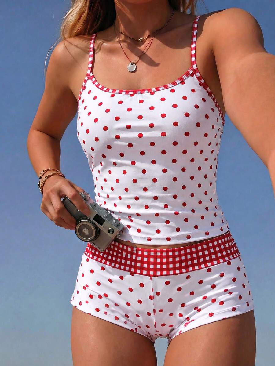 SHEIN Swim 女款夏季新款海灘泳裝度假甜美可愛波點格紋印花背心吊帶比基尼短褲兩件式泳衣套裝，適合海灘海邊游泳度假 - 彩色 - 查看 1