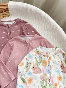 SHEIN 新生兒針織卡通印花爬行家居服 3件套 - 米色 - 查看 5