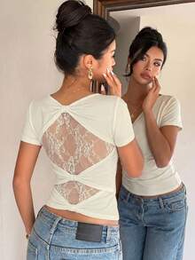 Siren Gaze Kaos Tanpa Lengan Slim Fit Patchwork Renda Terbaru Musim Semi/Panas untuk Wanita, Cocok untuk Kencan, Makan Malam, dan Malam Hari, Warna Putih Elegan. - Aprikot - View 1