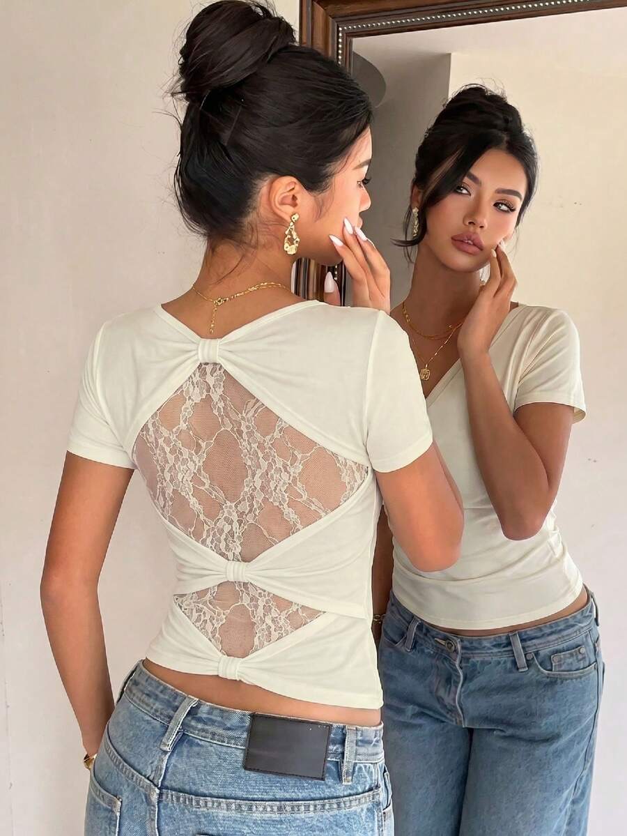 Siren Gaze Kaos Tanpa Lengan Slim Fit Patchwork Renda Terbaru Musim Semi/Panas untuk Wanita, Cocok untuk Kencan, Makan Malam, dan Malam Hari, Warna Putih Elegan. - Aprikot - View 1