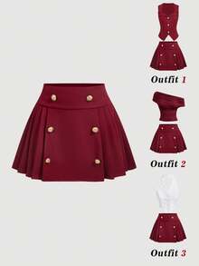 SHEIN MOD Falda plisada con diseño de botones metálicos para mujer - Burdeos - Ver 6