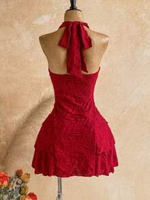 Soleia Women's Vacation Vintage Sexy Energetic Textured Metal Sun Decoration Halter Neck Tie Multi-Layer Ruffle Dress Club Night Red Summer - Burgundy - View 2