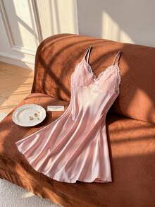 Moireta Lace Patchwork Sexy Open Back Faux Silk Camisole Nightgown For Women - Pink - View 2
