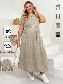 Plussiva Plus Size Maternity Round Neck Short Sleeve Waist Tie Casual Dress Photoshoot Summer - Grey - View 1