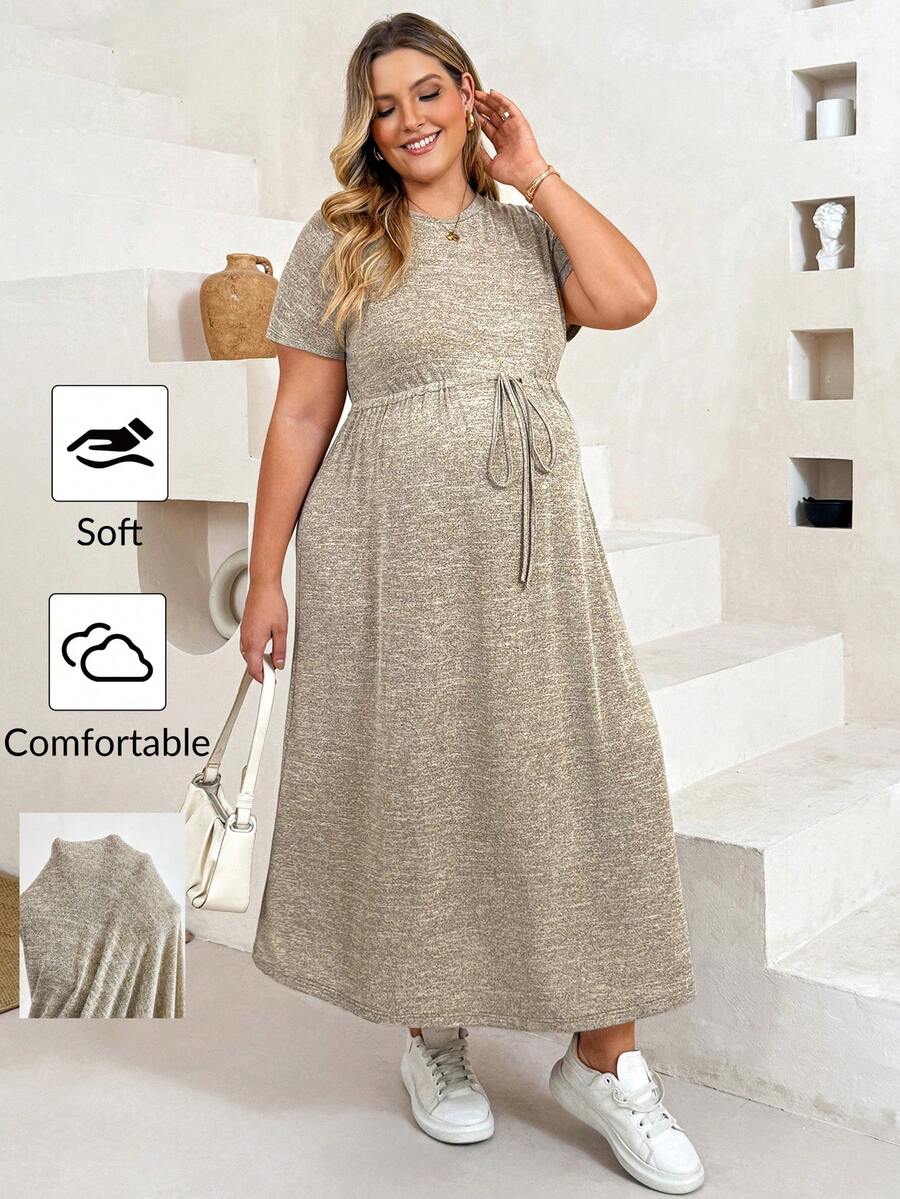 Plussiva Plus Size Maternity Round Neck Short Sleeve Waist Tie Casual Dress Photoshoot Summer - Grey - View 1