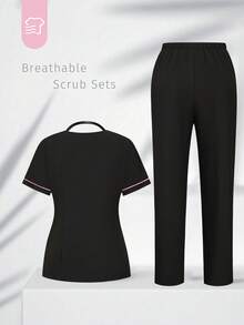 TaskEZ Nursing Uniform Set: Round Neck Short Sleeve Top And Pants Nursing Uniform Set, Suitable For Healthcare Professionals - Black - View 2