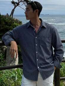 DAZY 春季海軍藍條紋長袖男士襯衫 - 藍白色 - 查看 7